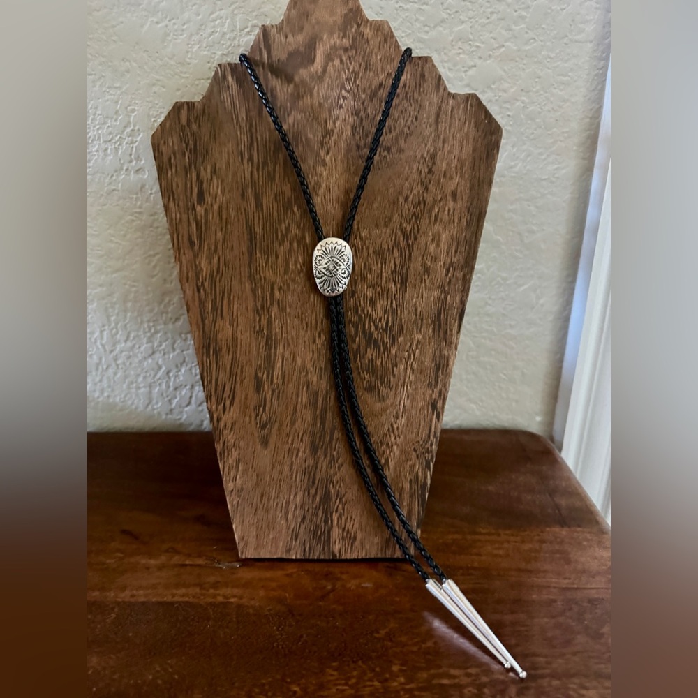 Native American Made Sterling and Leather Bolo Tie